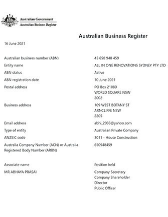 Australian Business Register Certificate